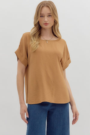 ENTRO INC Women's Top CAMEL / S Round Neck Short Sleeve Roll-Up Top T27131