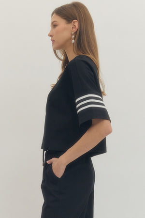 ENTRO INC Women's Top Crew Neck 3 Stripe Sleeve Top