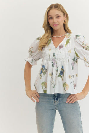 ENTRO INC Women's Top Floral Print Short Puff Sleeve Blouse