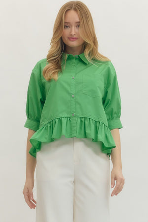 ENTRO INC Women's Top GREEN / S Solid Short Sleeve Ruffle Hem Button-Down Top T28898