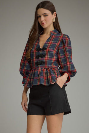 ENTRO INC Women's Top Holiday Plaid Peplum Top with Traditional Knot Details