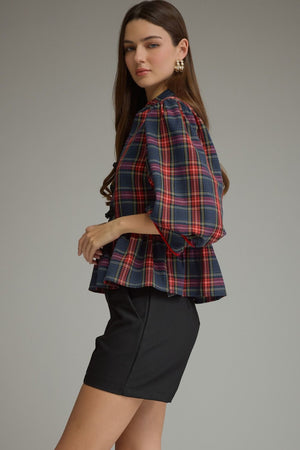 ENTRO INC Women's Top Holiday Plaid Peplum Top with Traditional Knot Details