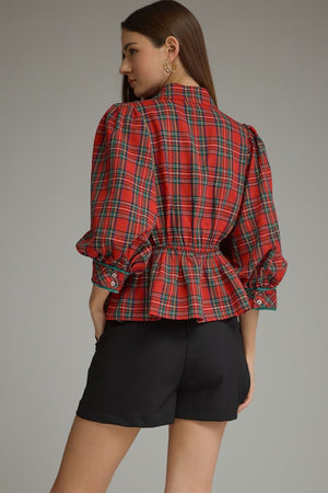 ENTRO INC Women's Top Holiday Plaid Peplum Top with Traditional Knot Details