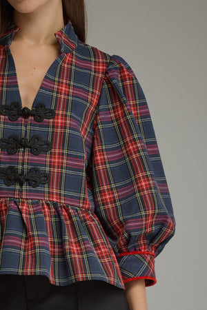 ENTRO INC Women's Top Holiday Plaid Peplum Top with Traditional Knot Details