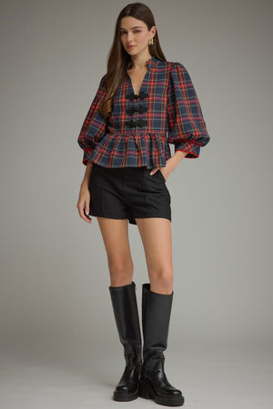 ENTRO INC Women's Top Holiday Plaid Peplum Top with Traditional Knot Details