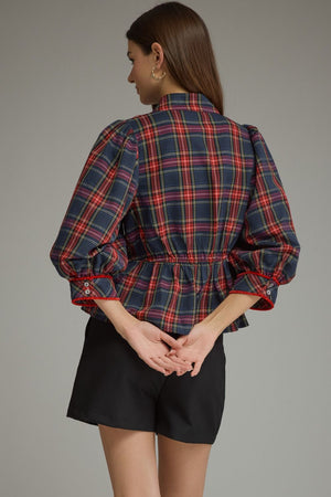 ENTRO INC Women's Top Holiday Plaid Peplum Top with Traditional Knot Details