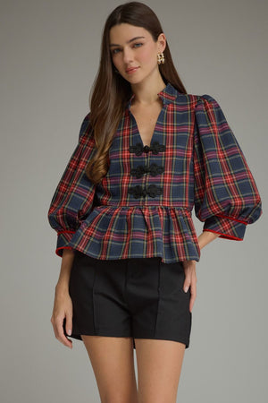 ENTRO INC Women's Top NAVY / S Holiday Plaid Peplum Top with Traditional Knot Details T33924