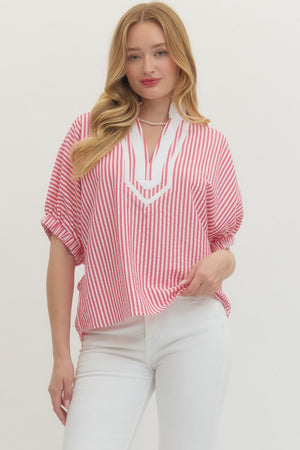 ENTRO INC Women's Top PINK / S Striped Short Dolman Sleeve Top T27620