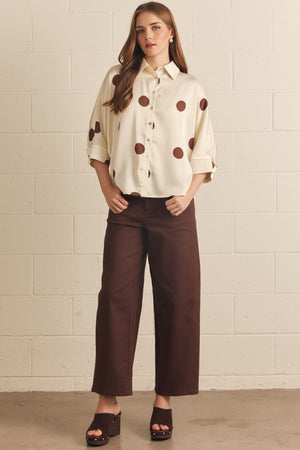 ENTRO INC Women's Top Polka Dot Collared 3/4 Sleeve Top