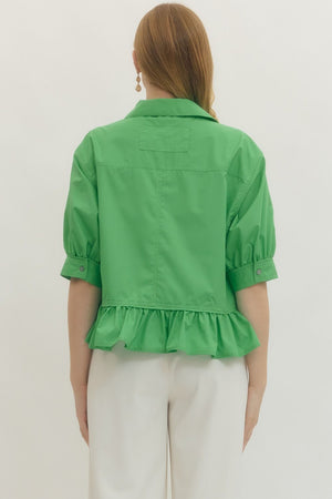 ENTRO INC Women's Top Solid Short Sleeve Ruffle Hem Button-Down Top