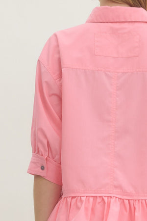 ENTRO INC Women's Top Solid Short Sleeve Ruffle Hem Button-Down Top