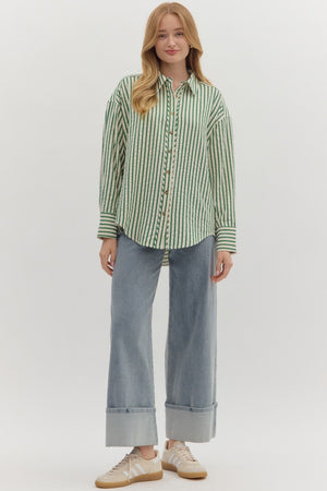 ENTRO INC Women's Top Textured Striped Long Sleeve Button Down Collar Shirt