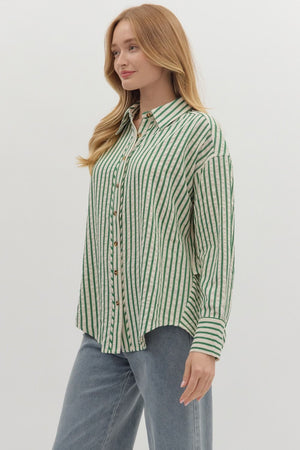 ENTRO INC Women's Top Textured Striped Long Sleeve Button Down Collar Shirt
