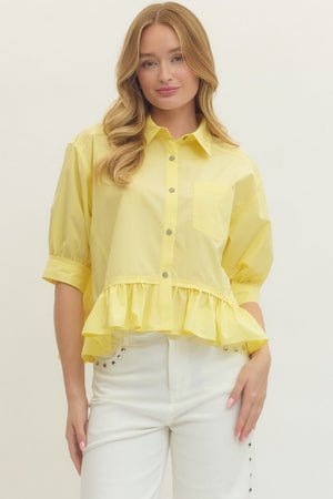 ENTRO INC Women's Top YELLOW / S Solid Short Sleeve Ruffle Hem Button-Down Top T28898
