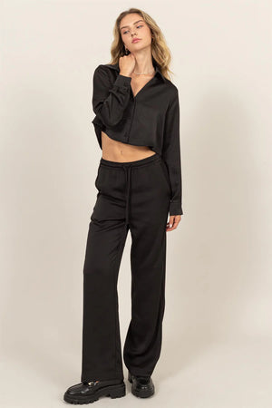 HYFVE INC. 22-Women's Woven Top Button-Down Silky Cropped Shirt || David's Clothing