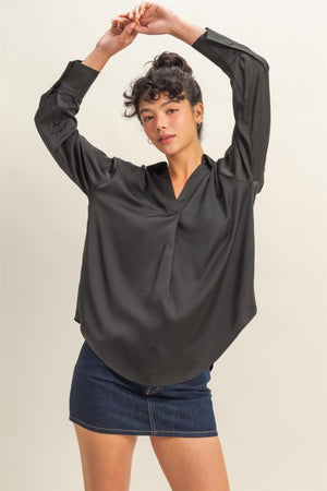 HYFVE INC. Women's Top BLACK / S Collared V-neck Satin Blouse DZ25C929