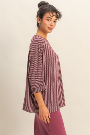 HYFVE INC. Women's Top Brushed Fabric Striped Oversized 3/4 Sleeve Top
