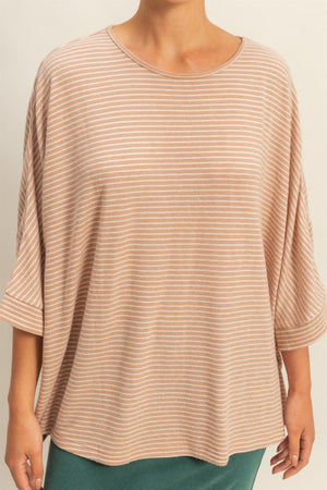HYFVE INC. Women's Top Brushed Fabric Striped Oversized 3/4 Sleeve Top