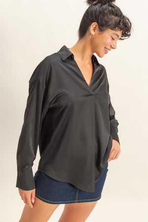 HYFVE INC. Women's Top Collared V-neck Satin Blouse