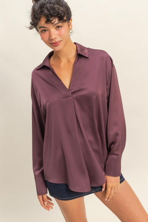 HYFVE INC. Women's Top DK CHERR / S Collared V-neck Satin Blouse DZ25C929
