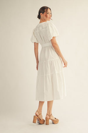 JODIFL Women's Dresses Eyelet Lace Contrast Solid Midi Dress