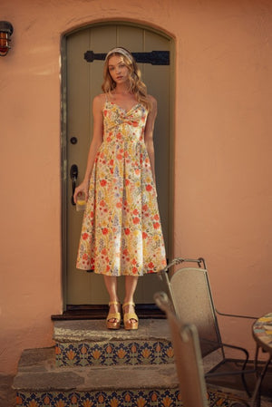 JODIFL Women's Dresses Front Knot Detail Lovely Floral Midi Dress