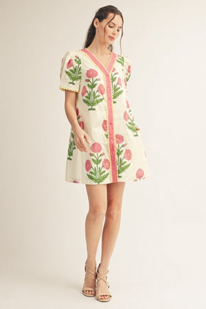 JODIFL Women's Dresses Scallop Trim Detail Button Down Floral Shift Dress