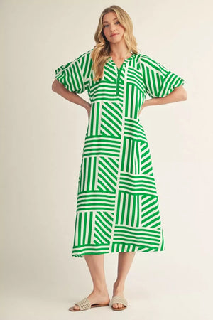 JODIFL Women's Dresses Short Puff Sleeves Geo Stripe Midi Dress