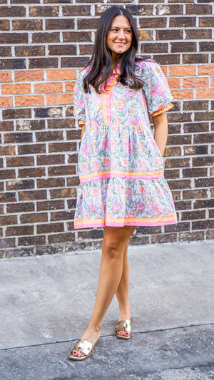 JODIFL Women's Dresses Solid Contrast Detail Tiered Floral Dress