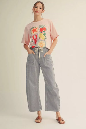 JODIFL Women's Pants Drawstring Waist Stripe Barrel Pants