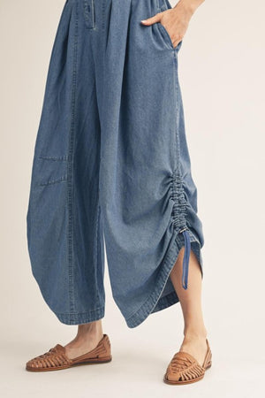 JODIFL Women's Pants Side Drawstring Hem Detail Washed Denim Jumpsuit