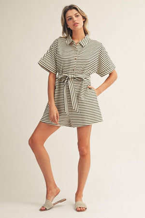 JODIFL Women's Romper Waist Tie Button Down Stripe Romper