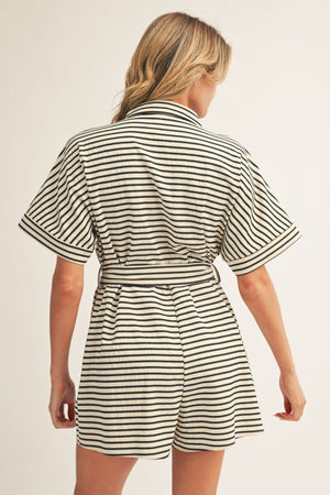 JODIFL Women's Romper Waist Tie Button Down Stripe Romper
