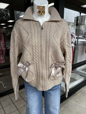 JODIFL Women's Top Bow Accent Cable Knit Sweater Cardigan