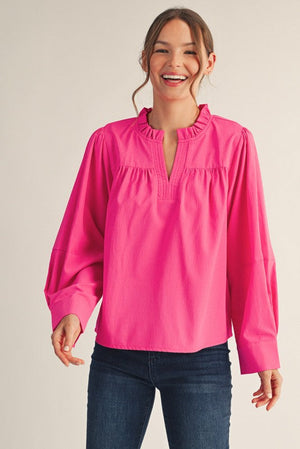 JODIFL Women's Top HOT PINK / S Sleeve Pleat Detail Crinkled Solid Top G14973