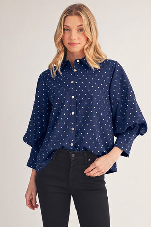 JODIFL Women's Top NAVY / S Bishop Sleeves Button Down Polka Dot Top G16096
