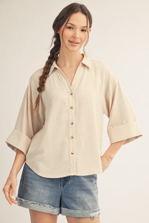 JODIFL Women's Top OATMEAL / S Pleat Back Detail Button Down Crinkle Top H12541