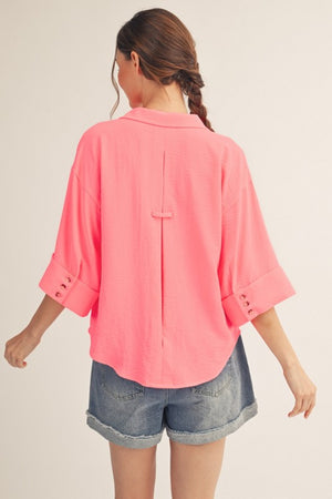 JODIFL Women's Top Pleat Back Detail Button Down Crinkle Top