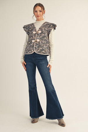 JODIFL Women's Top Ruffle Cap Sleeves Floral Quilted Vest