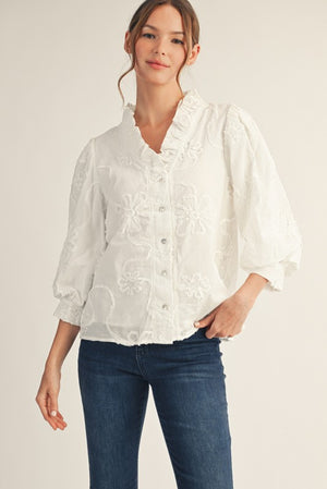 JODIFL Women's Top WHITE / S Button Down 3d Floral Top H12376