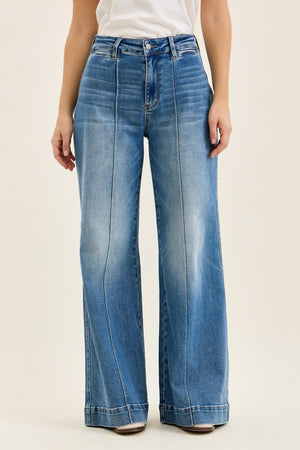 JUDY BLUE Women's Jeans High Waisted Liza Multi Inseam Palazzo W/ Shield Pkts Md Classic Fade