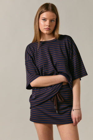 LELIS COLLECTION BRN/NVY / XS Short Sleeve Round Neck Oversized Stripe T-shirt IT6334NEW