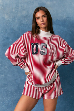 LELIS COLLECTION Women's Sweatshirt Stripe Mock Neck USA Sweatshirt