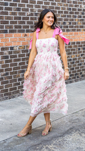 PEACH LOVE Women's Dresses Bow Tie Strap Floral Smocked Organza Midi Dress