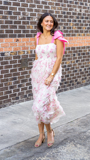 PEACH LOVE Women's Dresses Bow Tie Strap Floral Smocked Organza Midi Dress