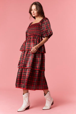 PEACH LOVE Women's Dresses Christmas Plaid Silky Organza Tiered Midi Dress