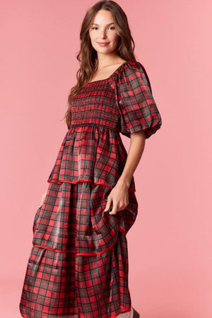 PEACH LOVE Women's Dresses Christmas Plaid Silky Organza Tiered Midi Dress