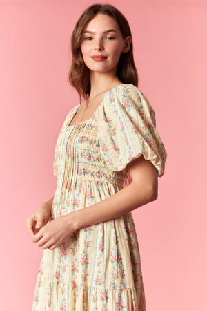 PEACH LOVE Women's Dresses Floral Stripe Mix Bubble Sleeve Smocked Maxi Dress