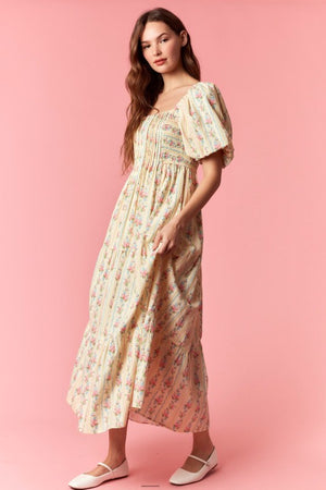 PEACH LOVE Women's Dresses Floral Stripe Mix Bubble Sleeve Smocked Maxi Dress