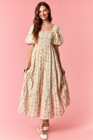 PEACH LOVE Women's Dresses Floral Stripe Mix Bubble Sleeve Smocked Maxi Dress